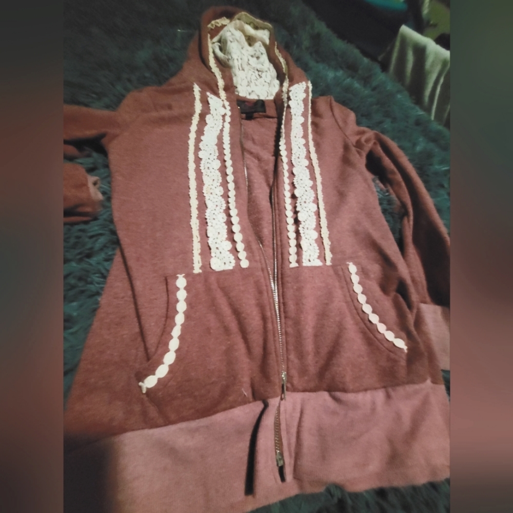Berry coloured tunic style hoody with embellishments from modcloth